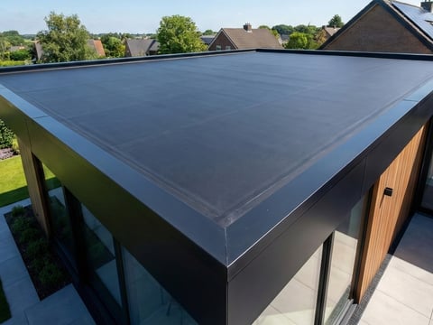 Naadloze afdichting van een plat dak met zwarte EPDM dakfolie