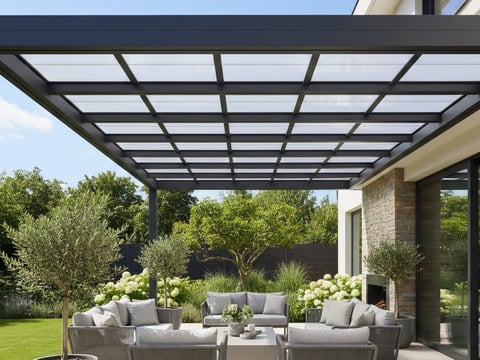 Terrasoverkapping met transparante kanaalplaten en aluminium profielen