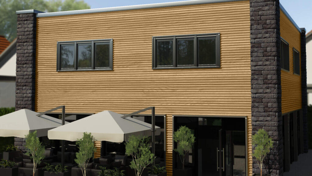 Modern gebouw met golfplaten gevel in houtlook, omringd door terras en planten