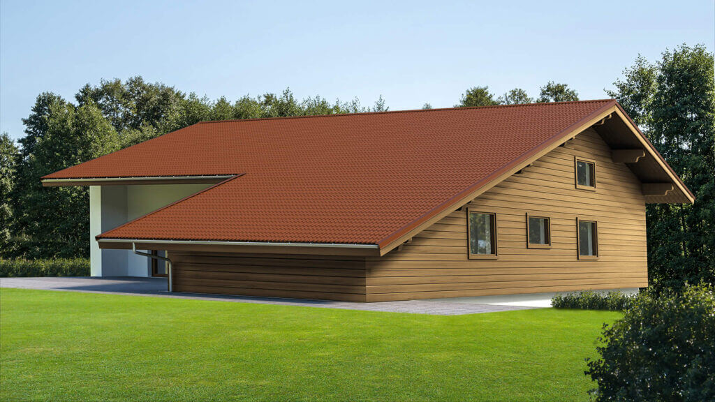 Vrijstaand huis met rode dakpannen en houten gevel