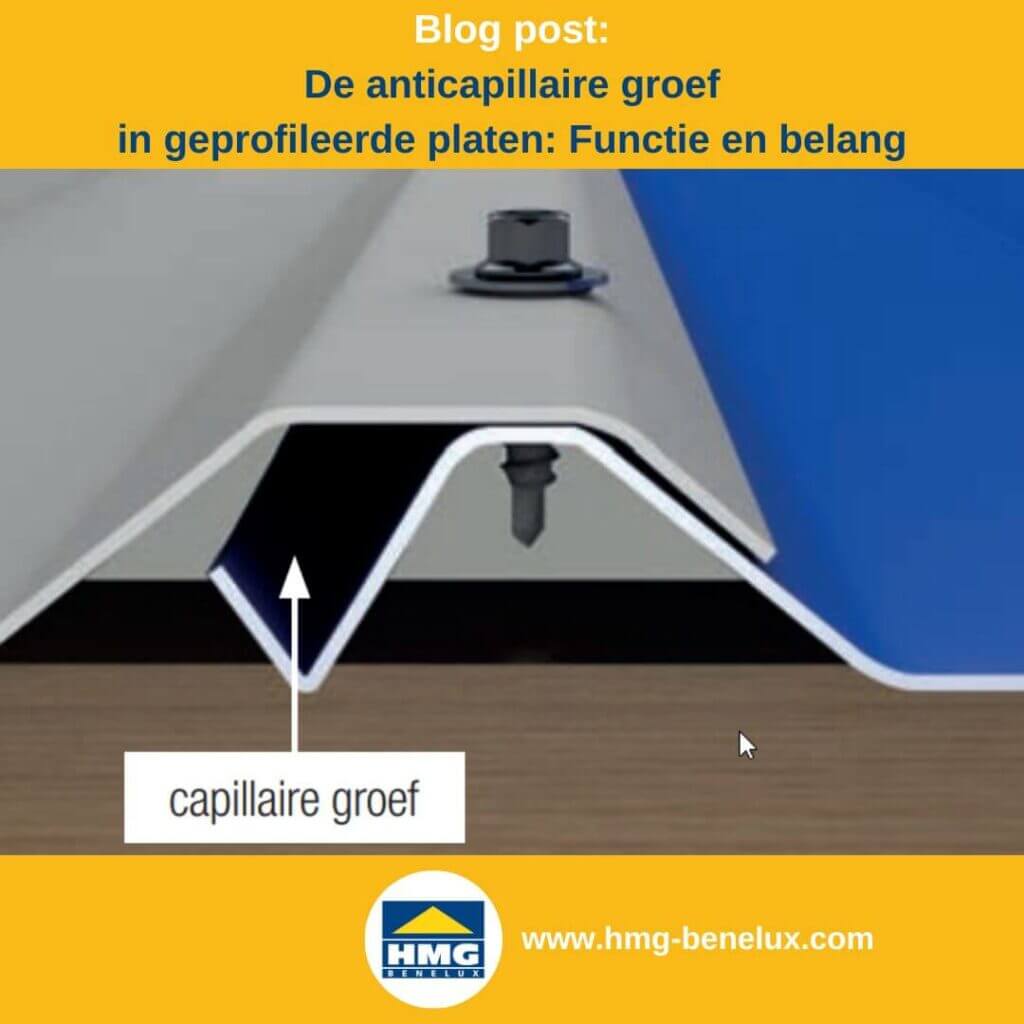 Detailweergave van een anticapillaire groef bij de overlapping van dakplaten