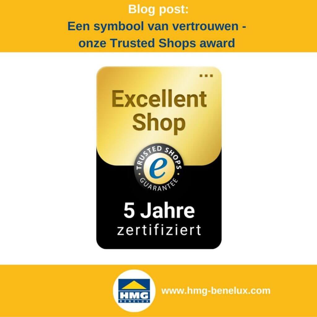 Trusted Shops Excellent Shop-keurmerk met 5-jaarscertificering voor HMG-Shop, symbool voor uitstekende klantbeoordelingen.