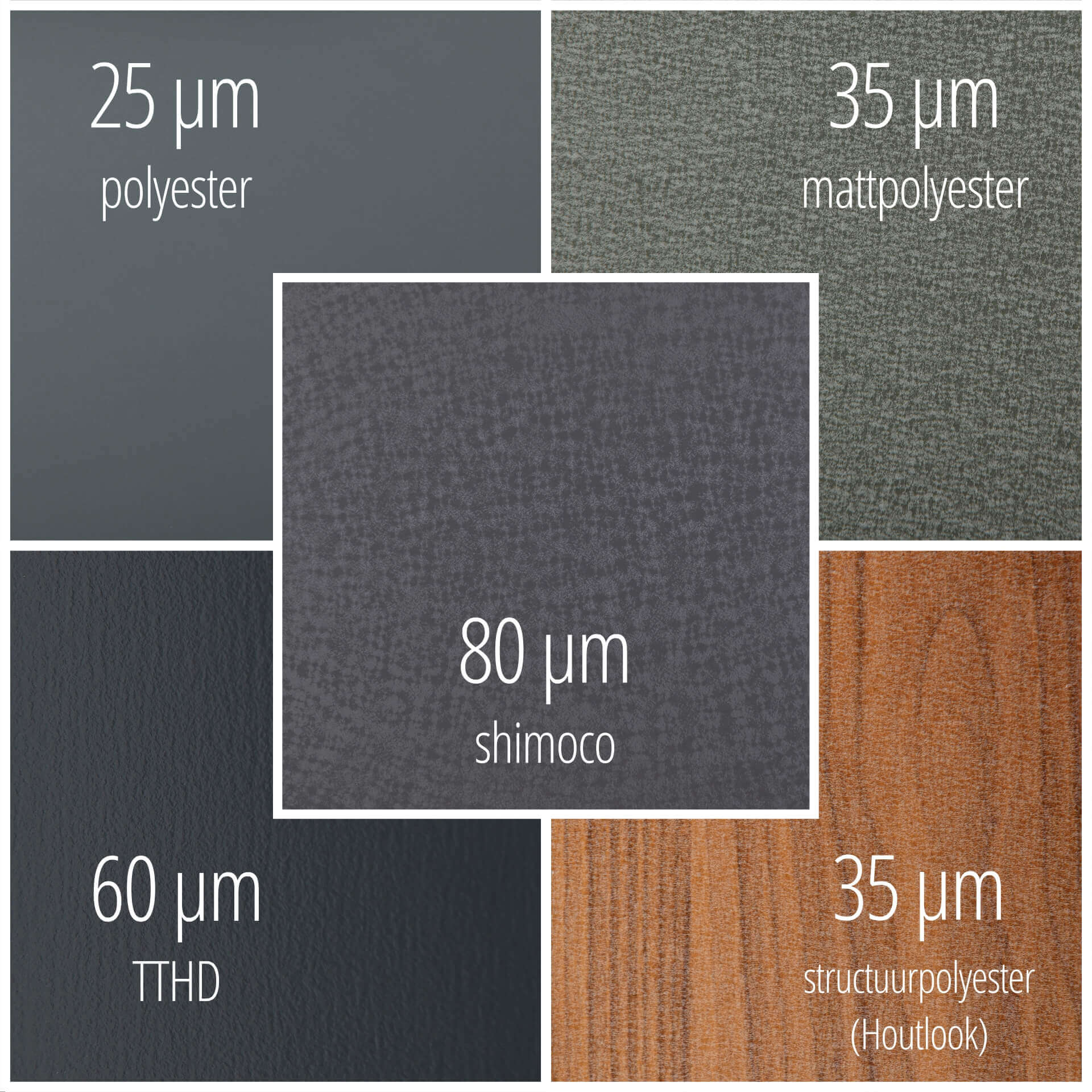 Een vergelijking van verschillende coatings voor damwandplaten: 25 µm polyester, 35 µm mat polyester, 60 µm TTHD, 80 µm Shimoco en 35 µm structuurpolyester met houtlook. Elke coating biedt specifieke eigenschappen voor verschillende toepassingsgebieden.