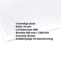 Polycarbonaat kanaalplaat | 16 mm | Breedte 1200 mm | Opaal wit | Dubbelzijdige UV-bescherming | 6000 mm #2