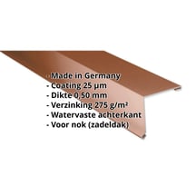 Nok lessenaarsdak | 115 x 115 mm | 80° | Staal 0,50 mm | 25 µm Polyester | 8011 - Notenbruin #2