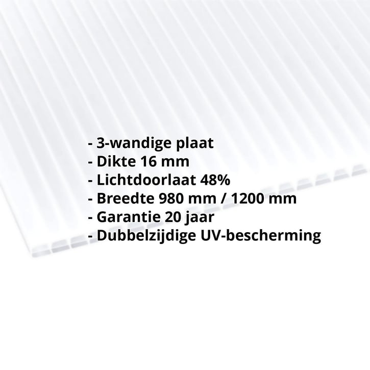 Polycarbonaat kanaalplaat | 16 mm | Breedte 1200 mm | Opaal wit | Dubbelzijdige UV-bescherming | 7000 mm #2