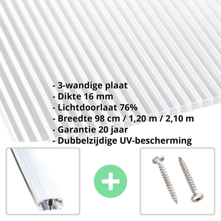 Polycarbonaat kanaalplaat | 16 mm | Profiel A1 | Voordeelpakket | Plaatbreedte 980 mm | Helder | dubbelzijdige UV-bescherming | Breedte 3,08 m | L #2