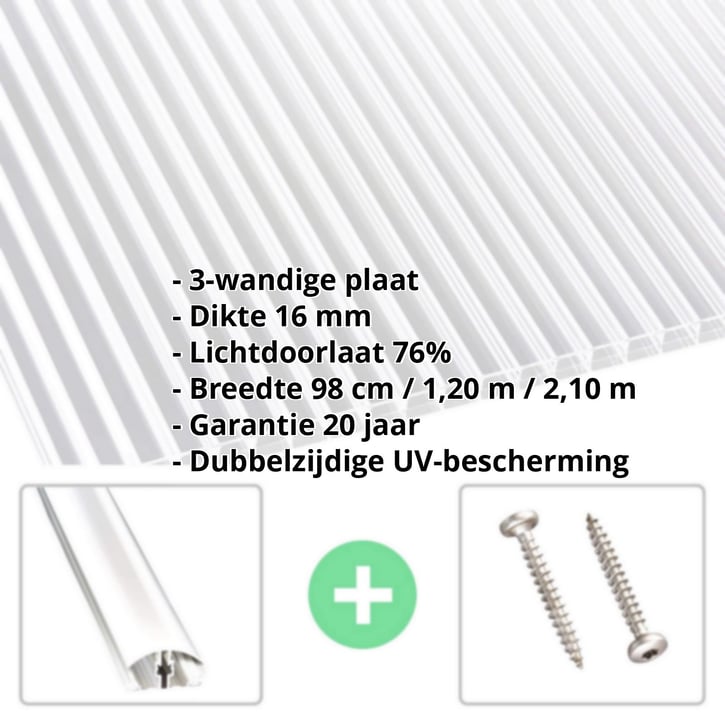 Polycarbonaat kanaalplaat | 16 mm | Profiel A4 | Voordeelpakket | Plaatbreedte 1200 mm | Helder | Dubbelzij. UV-bescherming | Breedte 3,08 m | Len #2